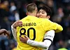Lee Kang-in, right, celebrates with Arnau Tenas after Paris Saint-Germain beat Le Havre at Stade Oceane in Le Havre, France on Sunday. [REUTERS/YONHAP]