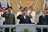 In this photo provided by the Rodon Sinmun, North Korean leader Kim Jong-un, center, watches a military parade at Kim Il Sung Square in Pyongyang on July 27, 2023, marking the 70th anniversary of the signing of the Korean War armistice. He is joined by then-Russian Defense Minister Sergei Shoigu, left, and Li Hongzhong, vice chairman of the Standing Committee of China’s National People’s Congress to his right. [NEWS1]