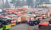 Fire engines dispatched from other provinces are parked in Uiseong County, North Gyeongsang, on March 27. A wildfire began in the county last Saturday. [KIM JONG-HO]