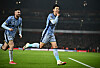 Tottenham Hotspur captain Son Heung-min, right, celebrates scoring during the Premier League match against Arsenal at Emirates Stadium in London on Jan. 15. [REUTERS/YONHAP]