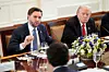 U.S. Vice President JD Vance, left, speaks next to President Donald Trump during a dinner with the leaders of the C5 1 Central Asian countries of Kazakhstan, Kyrgyzstan, Tajikistan, Turkmenistan and Uzbekistan, in the East Room of the White House in Washington on Nov. 6, 2025. [REUTERS/YONHAP]