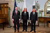 South Korea's National Security Advisor Shin Won-sik, right, and his U.S. and Japanese counterparts, Jake Sullivan, left, and Takeo Akiba, pose for a photo as they meet for three-way talks in Washington on Oct. 26. [YONHAP]