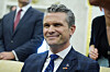 U.S. Secretary of Defense Pete Hegseth listens as President Donald Trump meets with Norwegian Prime Minister Jonas Gahr Støre during a bilateral meeting in the Oval Office of the White House on April 24. [AP/YONHAP]