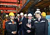 U.S. Secretary of the Navy John Phelan (2nd from R, front row) visits the shipyard of Hanwha Ocean Co. in the southeastern industrial city of Geoje on April 30. [YONHAP]
