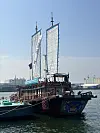 A replica ship representing the Joseon Tongsinsa diplomatic mission from Korea docks at a pier in the Port of Osaka in Japan on May, 13. [YONHAP]