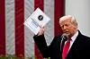 U.S. President Donald Trump speaks about lists of countries' barriers to U.S. exports during a tariff announcement in the Rose Garden of the White House in Washington on April 2. [EPA/YONHAP]