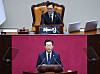 President Lee Jae Myung, bottom, delivers his budget speech at the National Assembly in Seoul on Nov. 4, as speaker Woo Won-shik sits above him. [YONHAP]