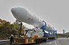 Korea's homegrown space rocket Nuri is seen being transported to its launch pad inside the Naro Space Center in Goheung, South Jeolla on Nov. 25. [KOREA AEROSPACE RESEARCH INSTITUTE]