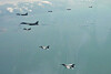 Two U.S. Air Force B-1B bombers, top left, fly over the Korean Peninsula with Korean Air Force F-35A fighter jet, F-16 fighter jets and U.S. Air Force F-16 fighter jets in Korea during U.S.-Korea joint aerial drills on April 15. [AP/YONHAP]