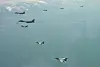 Two U.S. Air Force B-1B bombers, top left, fly over the Korean Peninsula with Korean Air Force F-35A fighter jet, F-16 fighter jets and U.S. Air Force F-16 fighter jets in Korea during U.S.-Korea joint aerial drills on April 15. [AP/YONHAP]