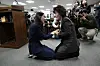 Truth and Reconciliation Commission Chairperson Park Sun-young, right, comforts adoptee Kim Yoo-ree during a press conference in central Seoul on March 26. [AP/YONHAP]