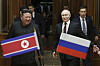 Russian President Vladimir Putin, right, and North Korea's leader Kim Jong-un smile during their meeting at the Pyongyang Sunan International Airport outside Pyongyang, North Korea, on June 19, 2024. [AP/YONHAP]