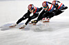 From left: Korean short track speed skaters Rim Jong-un, Hwang Dae-heon and Shin Dong-min train at Milano Ice Skating Arena in Milan ahead of the 2026 Winter Olympics on Feb. 3. [YONHAP]