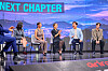 President Lee Jae Myung, second from right, speaks on a panel discussing the future vision of the K-pop industry in Seocho-dong, southern Seoul, in a prerecorded broadcast aired by Arirang TV on Aug. 20. Other panelists included Maggie Kang, writer and director of 'KPop Demon Hunters,' members Jihyo and Jeongyeon of K-pop girl group Twice and music producer R.Tee. [PRESIDENTIAL OFFICE]