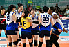 Suwon Hyundai Engineering & Construction Hillstate celebrate during the 2024 Korea Volleyball Federation Cup final against the Jung Kwan Jang Red Sparks at Tongyeong Gymnasium in Tongyeong, South Gyeongsang on Sunday. [KOVO]