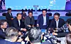 Prime Minister Kim Min-seok, third from left, and Korea Chamber of Commerce and Industry (KCCI) Chairman Chey Tae-won, third from right, raise a toast with participants at the KCCI Summer Forum held at the Lahan Select Hotel in Gyeongju on July 16. [YONHAP]