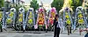 Wreaths of flowers displaying boy band BTS's fans' messages of disapproval with BigHit Music, the band's label, and its parent company's management are displayed in front of HYBE's headquarters in Yongsan District, central Seoul, on Friday. [YONHAP]
