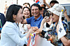 First lady Kim Hea Kyung, left, greets Koreans living in Canada ahead of a meeting with the overseas community in Calgary, Alberta, on June 17. [JOINT PRESS CORPS]
