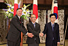 U.S. Deputy Secretary of State Christopher Landau, left, Japanese Vice Foreign Minister Takehiro Funakoshi, center, and South Korean Vice Foreign Minister Park Yoon-joo, right, pose for a photo ahead of their trilateral talks in Tokyo on July 18. [YONHAP]