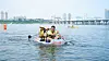 A family races on a boat made of recycled materials on the Han River in an undated photo provided by the city government on Thursday. [SEOUL METROPOLITAN GOVERNMENT]