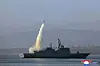 The 5,000-ton warship named the Choe Hyon is seen launching a missile in North Korean waters, in this photo released by the state-run Korean Central News Agency on April 30. [YONHAP]