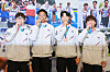 Korea's men's 4x100-meter relay team members, including Seo Min-jun, Joel Jin Nwamadi, Lee Jae-sung and Kim Jeong-yun pose for a photo with their medals upon arrival at Incheon International Airport on July 29. [YONHAP]