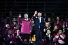 President Yoon Suk Yeol, right, and Thomas Bach, president of the International Olympic Committee, wave to the audience during the opening ceremony for the Winter Youth Olympics held at Gangneung Oval in Gangneung, Gangwon, on Friday. [PRESIDENTIAL OFFICE]
