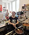 Tanya Korbuchak, 41, front, and Iryna Nyblytsia, 46, two Ukrainian refugees prepare food in the kitchen of Haru, a Korean restaurant in Warsaw, Poland. [JOONGANG ILBO]