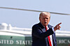 U.S. President Donald Trump gestures after disembarking Marine One as he departs for Scotland at Joint Base Andrews in Maryland on July 25. [REUTERS/YONHAP]