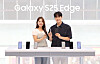 Models hold up the new Samsung Galaxy S25 Edge models in southern Seoul on May 23. [SAMSUNG ELECTRONICS]
