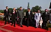 Russian President Vladimir Putin, Chinese President Xi Jinping, North Korean leader Kim Jong-un, Pakistani Prime Minister Shehbaz Sharif and heads of foreign delegations arrive to attend a military parade marking the 80th anniversary of victory in the Chinese People's War of Resistance against Japanese Aggression and the end of World War Two, in Tiananmen Square in Beijing, China, on Sept. 3. Photo provided by Kremlin pool. [EPA/YONHAP]