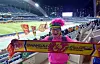 Jobin of boy band Norazo poses while cheering for Gwangju FC during the final East Asia group stage match of the 2024?25 AFC Champions League Elite against Buriram United at Gwangju World Cup Stadium on Feb. 18. [JOONGANG ILBO]