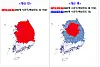 The map shows how the Korea Meteorological Administration’s earthquake alert system will change, using a quake in Chungju, North Chungcheong, as an example. In the right map, blue areas represent regions that will receive safety guidance messages for level 2 intensity, while red areas indicate regions that will receive emergency disaster alerts for level 3 intensity. [KOREA METEOROLOGICAL ADMINISTRATION]