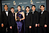 The producers of the soundtrack for ″KPop Demon Hunters″ (2025) pose with the Best Song Written For Visual Media award for ″Golden″ during the 68th Annual Grammy Awards in Los Angeles, California, Feb. 1. [REUTERS/YONHAP]