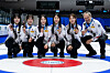 The Korean women's national curling team poses for photos. From left: Seol Ye-eun, Gim Eun-ji, Kim Su-ji, Kim Min-ji and Seol Ye-ji with coach Guy Hemmings. [KOREA CURLING FEDERATION]