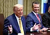 U.S. President Donald Trump, left, speaks during a cabinet meeting at the White House in Washington, D.C., on July 8 as Defense Secretary Pete Hegseth looks on. [REUTERS/YONHAP]
