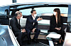 President Moon Jae-in, middle, inspects a concept vehicle with autonomous functions with Hyundai Motor Group Chairman Euisun Chung at Hyundai Motor’s Ulsan factory on Friday. [YONHAP]