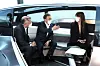 President Moon Jae-in, middle, inspects a concept vehicle with autonomous functions with Hyundai Motor Group Chairman Euisun Chung at Hyundai Motor’s Ulsan factory on Friday. [YONHAP]