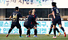 Suwon FC players celebrate Lee Gwang-hyeok’s goal during a K League promotion-relegation playoff match against Busan IPark at Suwon Sports Complex in Suwon, Gyeonggi on Saturday. [NEWS1]