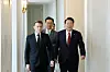 Korean President Yoon Suk Yeol, right, and French President Emmanuel Macron head into a bilateral summit at Elysee Palace in Paris on Friday. [JOINT PRESS CORPS]