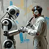 An image created by generative AI program Deep AI with the prompt, 'Robot painters and human painters competing' [DEEP AI]