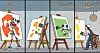 An image created by generative AI program Deep AI with the prompt, 'A cartoon strip of panels showing robot painters and human painters competing' [DEEP AI]