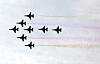 The Air Force’s Black Eagles aerobatic team performs high-level maneuvers during the Armed Forces Day ceremony marking the 77th anniversary of the military’s founding in South Chungcheong, on Oct. 1. [YONHAP]