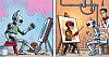 An image created by generative AI program Deep AI with the prompt, 'Cartoon strips of robot painters and human painters competing' [DEEP AI]