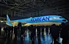 The new logo of Korean Air is seen on its plane during an event in Gimpo, Gyeonggi, on March 11. [REUTERS/YONHAP]