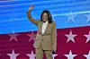Democratic presidential nominee U.S. Vice President Kamala Harris waves to supporters during the Democratic National Convention on Monday in Chicago. [AP/YONHAP]