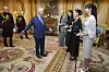 Britain's King Charles III, left. presents the members of the K-Pop band Blackpink with MBEs, Member of the Order of the British Empire at Buckingham Palace, in London, Wednesday, Nov. 22, 2023. [AP/YONHAP]