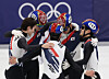 Members of the Korean men's 5,000-meter short track speed skating relay team celebrate after winning the silver medal at the Winter Olympics at Milano Ice Skating Arena in Milan on Feb. 20. Clockwise from left: Shin Dong-min (without helmet), Lee June-seo, Hwang Dae-heon, Lee Jeong-min and Rim Jong-un. [YONHAP]