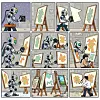 An image created by generative AI program Deep AI with the prompt, 'A cartoon strip of numerous panels, each showing robot painters and human painters competing' [DEEP AI]