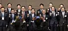 Kim Yoon, chairman of the Korea-Japan Economic Association, fourth from left in front row, and Aso Yutaka, vice chairman of the Japan-Korea Economic Association, fifth from left in front row, join other guests in chanting “Fighting!” during the opening ceremony of the 57th Korea-Japan Business Conference at the Lotte Hotel in Jung District, central Seoul, on May 27. [YONHAP]